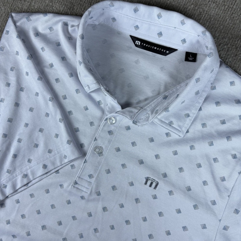 TravisMathew Polo Shirt Men's Large White Gray Geometric Golf Casual Stretch